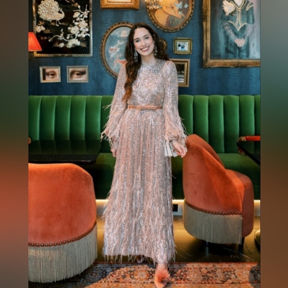 NWT ANTONIO MELANI x Nicola Bathie Nicola Sequin Belted Feathered A-Line Dress - Picture 7 of 16